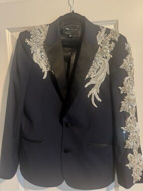 Navy Embellished Satin Lapel Blazer